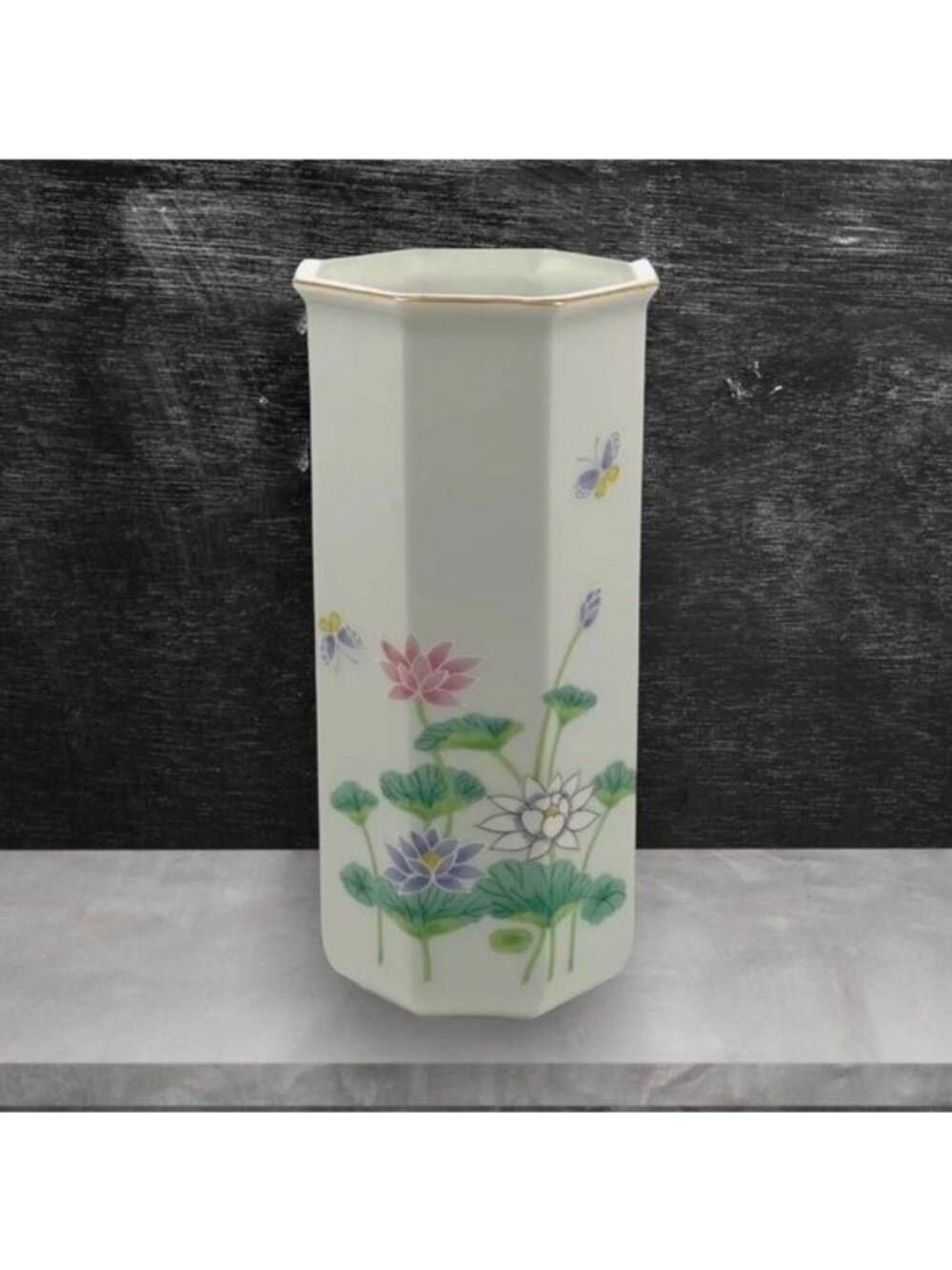 VTG Otagiri Japan "Lotus Garden" Octagonal Porcelain Vase Gold Rim 7 1/2” High